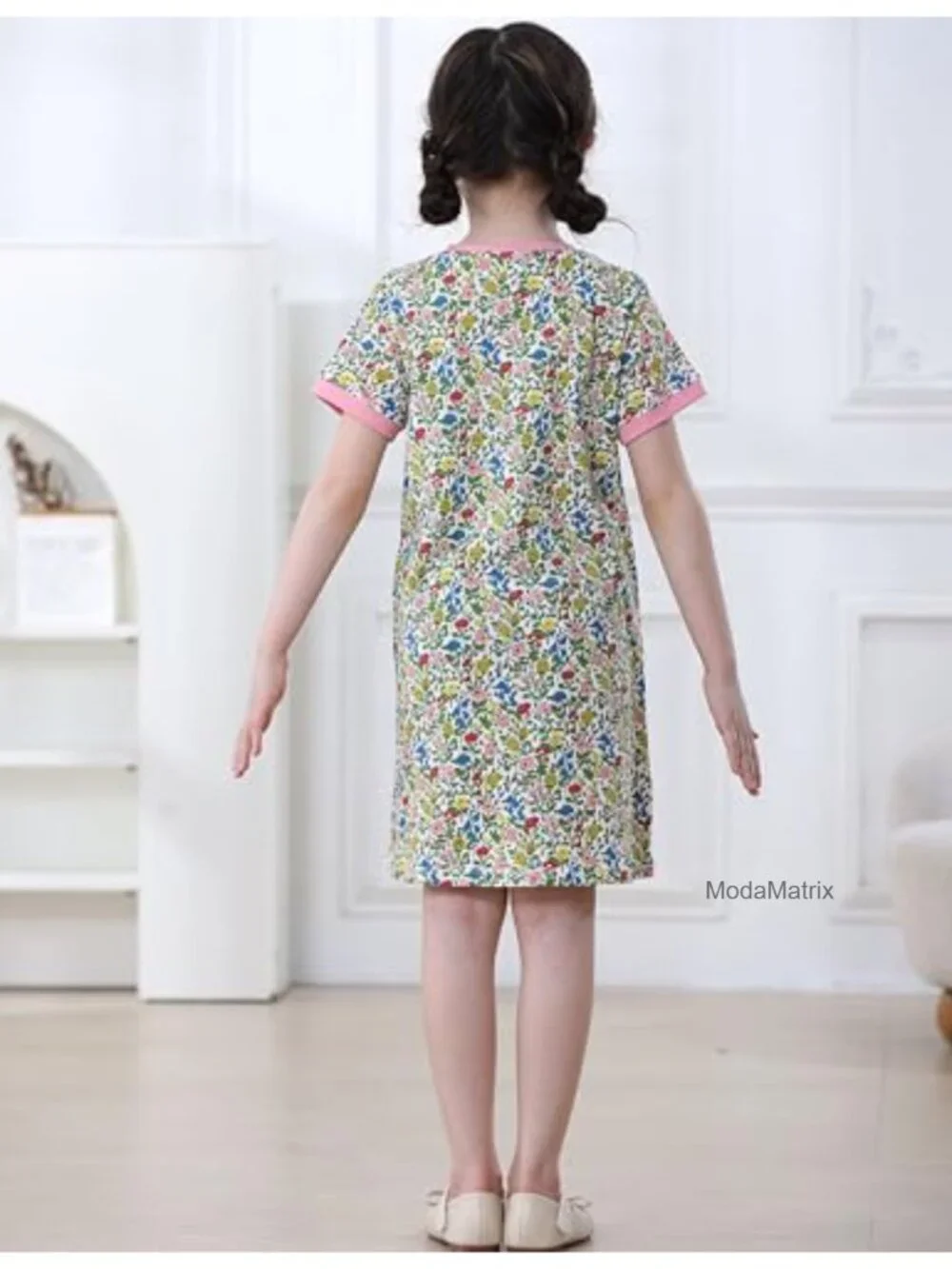 Cotton Girls Casual Sundress A-Line Short Sleeve Dino Embroidery